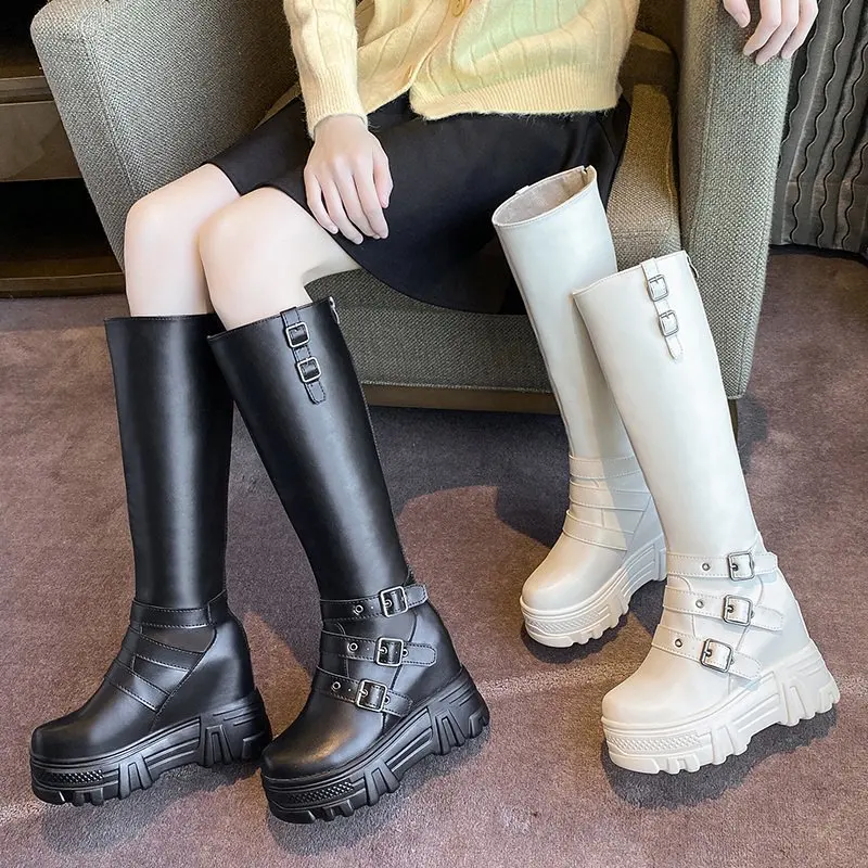 

Winter Knee High Boots Women Chunky Platform PU Leather Booties Ladies Thick Bottom Autumn Height Increasing Long Botas 10cm