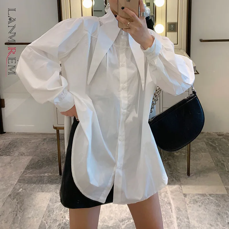 LANMREM 2021 весенне осенняя женская рубашка с пуговицами Повседневная Блузка