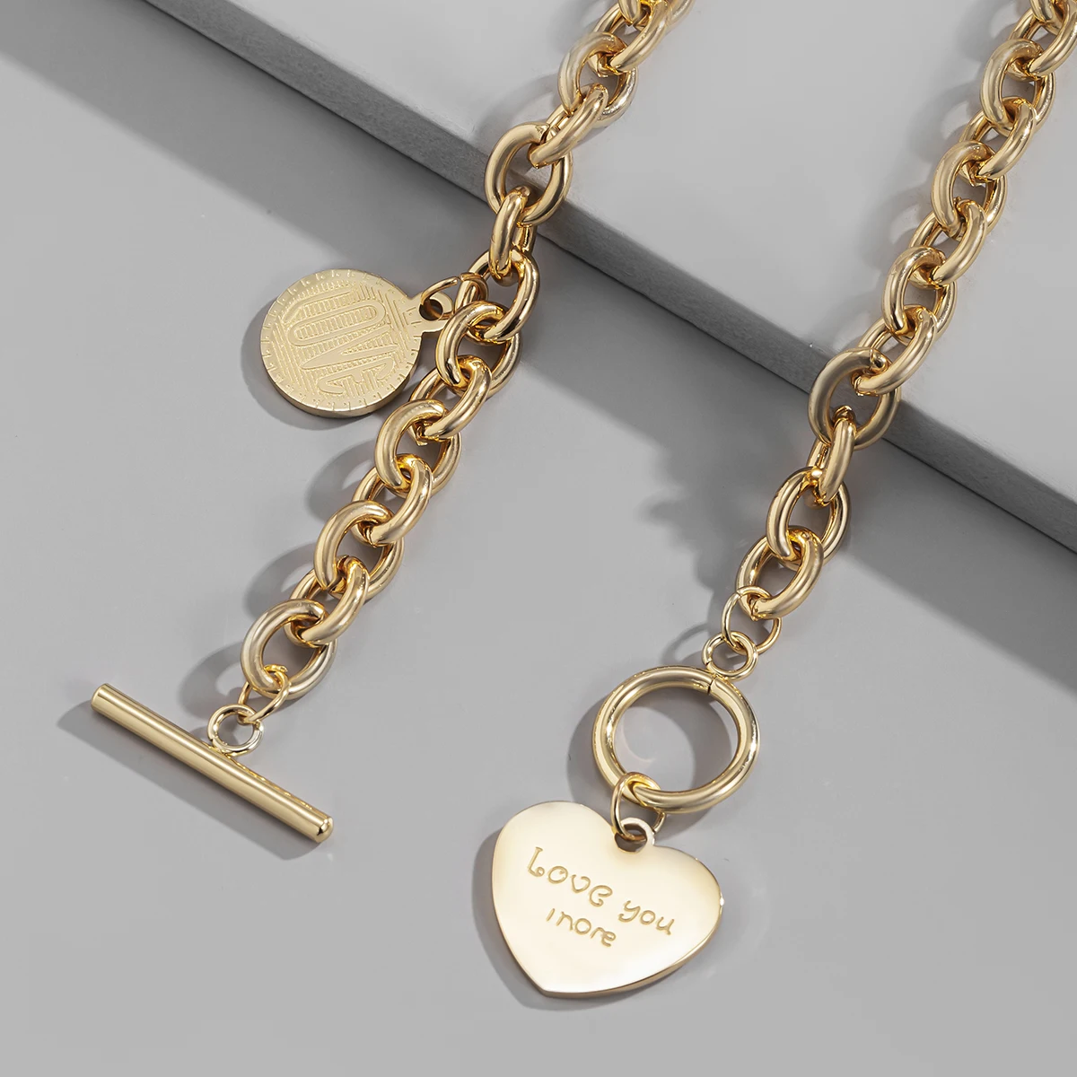 

Stainless Steel Heart Choker Necklace New Trendy Letter Carved Coin Pendant Necklaces for Women Gold Color Chains on The Neck