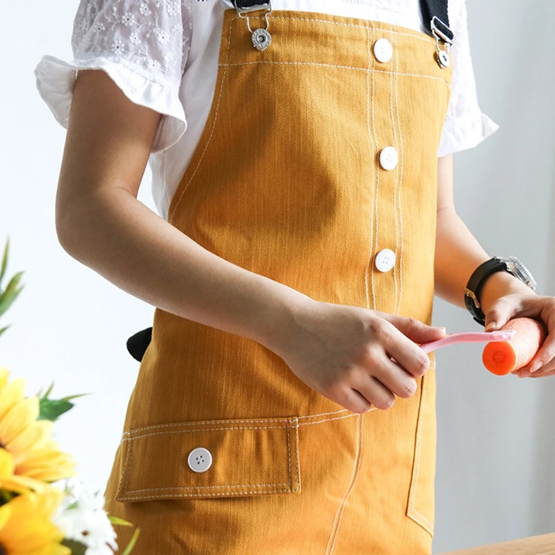 

50LB Denim Coffee Shop Apron Adjustable Cross Back Buckle Buttons Bib with Pocket