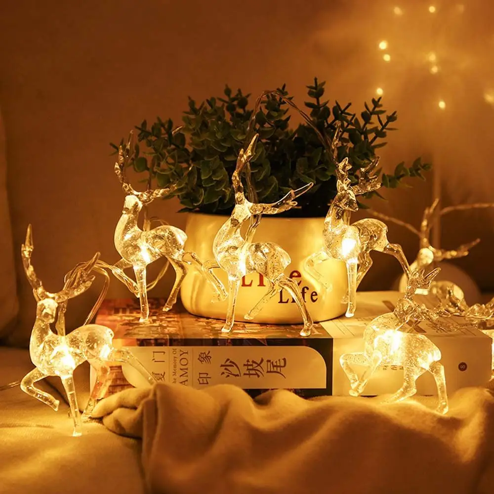 

Рождественская гирлянда с оленями, 10 светодиодный, теплый белый свет, на батарейках, рождественские украшения, декор для праздников, рождев...