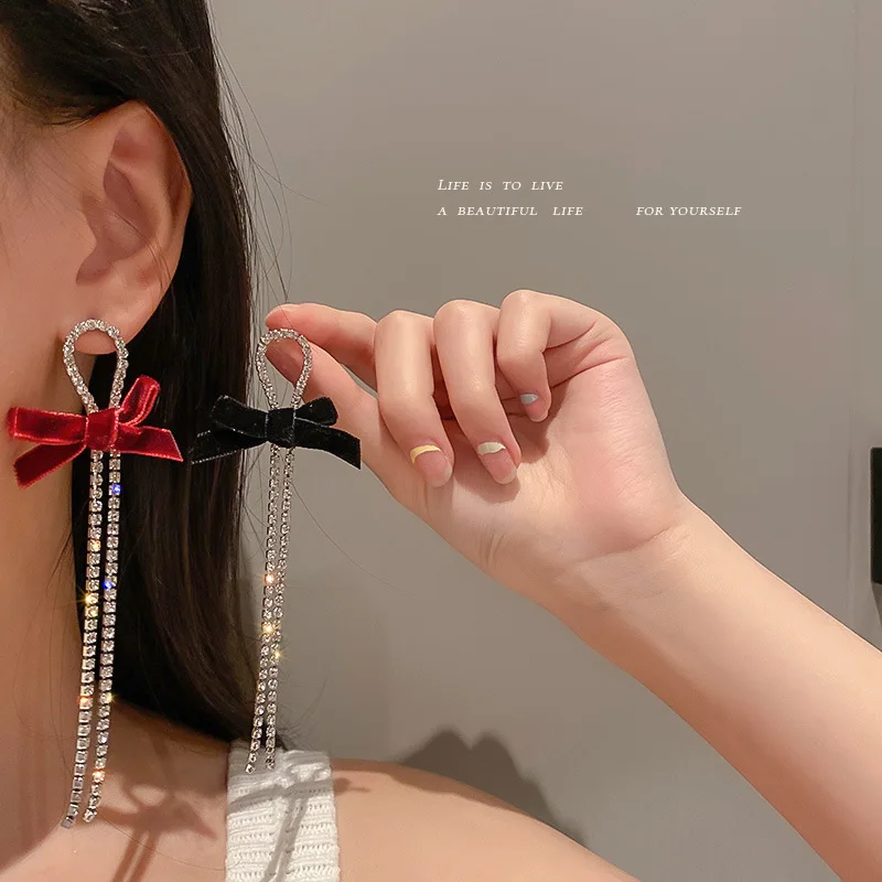 

925 silver needle full diamond bow earrings long tassel earrings advanced temperament fashion earrings woma