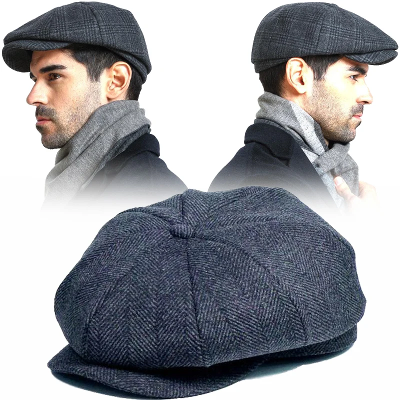 

Men Casual Ivy Newsboy Hat Man Felt Autumn and Winter Cap Dad Leisure Beret Caps Winter Wool Flat Octagon Cap Adjustable 55-61cm