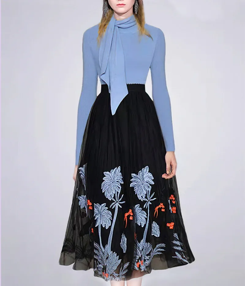 

Fall Winter New Retro Ethnic Ensemble Women Blue Lace-Up Turtleneck Sweater Pullover + Chic Embroidery Mesh Skirts Two Piece Set