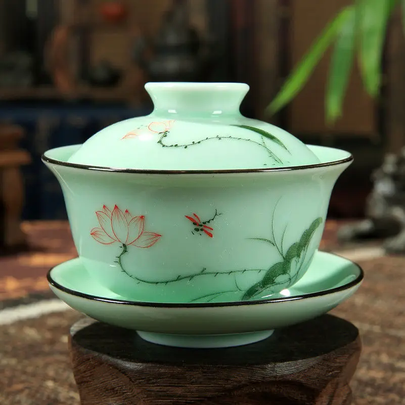 

[GRANDNESS] Longquan Gaiwan Set Porcelain Tea Cup Handpainted Floral Sancai Tea Cup 170ml