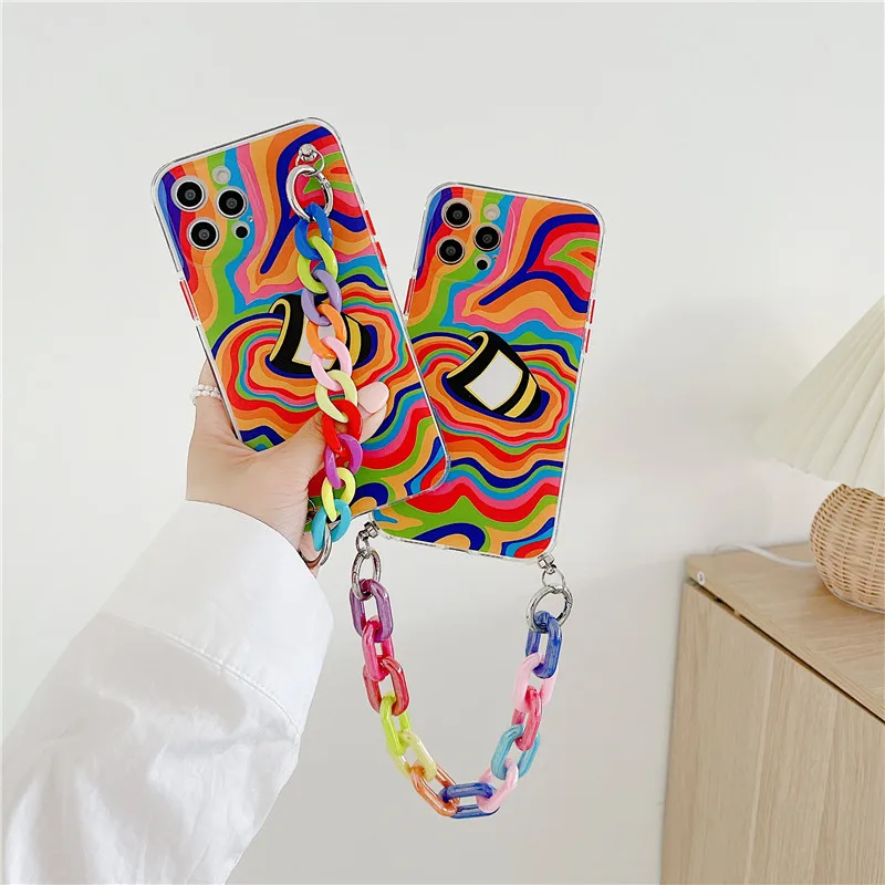 

Роскошный брендовый Радужный чехол для телефона с браслетом на запястье для iphone 12 11 Pro Max MiNi X XS XR 7 8 Plus SE 2020, мягкий бампер, задняя крышка