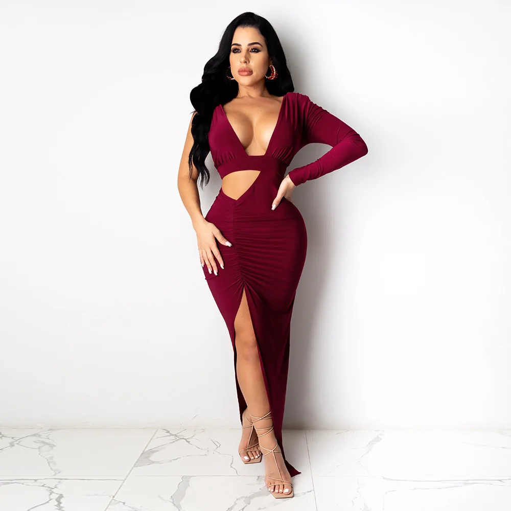 

Club Dress Women One Shoulder Long Sleeve Dress Stacked Ruched Cut Out Waist High Side Split Bodycon Maxi Pencil Sexy Dress