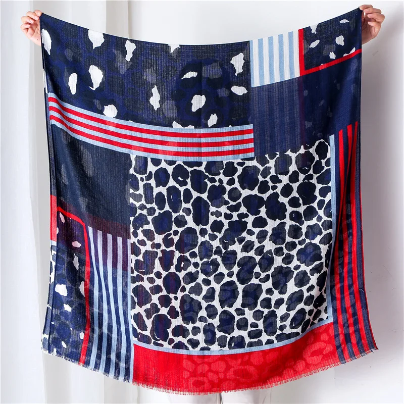 

Luxury Brand Cotton Linen Scarf Women Spring Summer All-match Navy Color Leopard Print Long Shawl Fashion Silk scarves pashmina