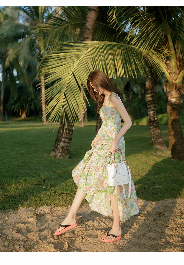 

Bohemian Style Sleeveless Floral Strap Dress for Women 2021 Fashion Sweet Off The Shoulder High Waist Summer Beach Dress Female
