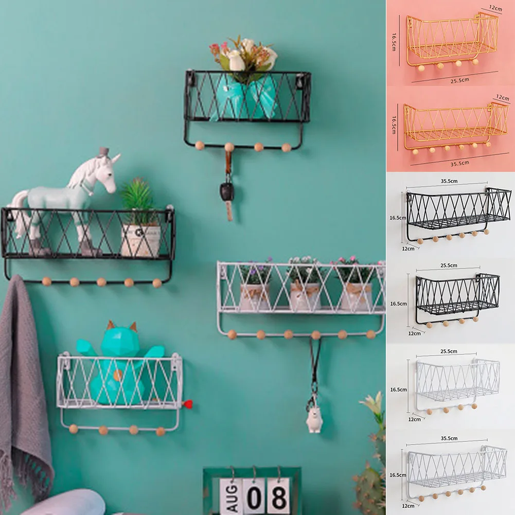

Iron Wall Storage Shelf Hook Frame Hanging Rack Home Wall Display Art Decoration Basket Mesh Partition Wrought Organizer