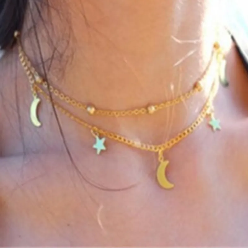 

Fashion Multilayer Rvs Endant Vrouwen Goud Zilver Kleur Kralen Moon Star Hoorn Crescent Dubbele Ketting Choker Kettingen