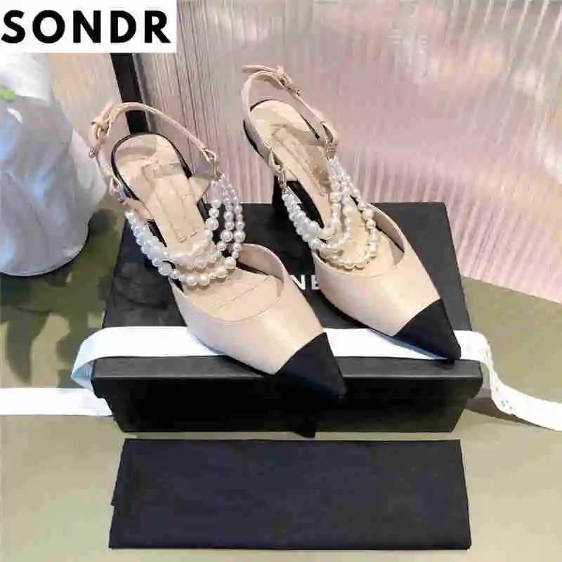 

Summer Elegant Pearls Chains Women Sandals Designer Brand Pointed Toe High Heels Pumps Shoes Lady Party Sandals Shoes