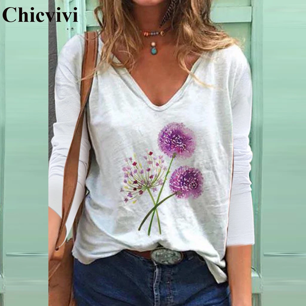 

2020 Women Tshirts Floral Print T Shirt Lady Cotton Lycra V Neck Long Sleeve Autumn Tops Aesthetic T Shirts Plus Size Tees Shirt