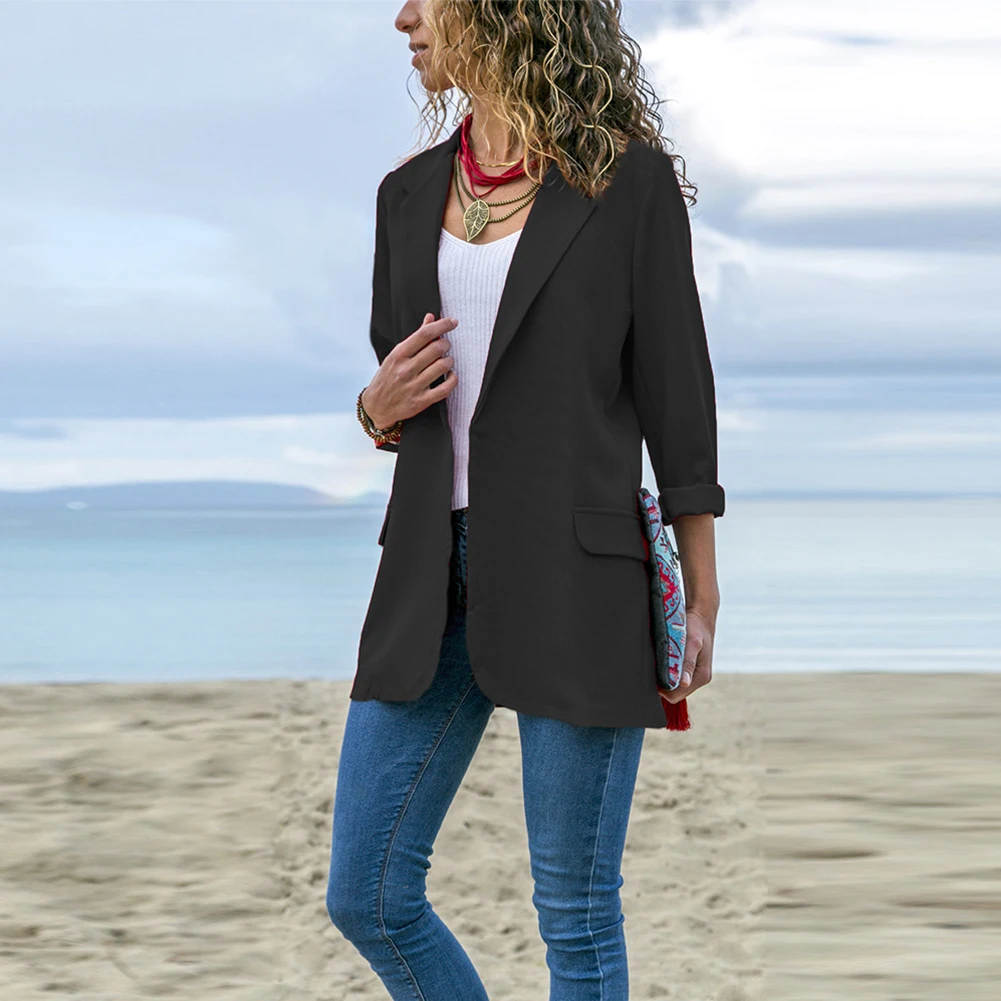 

Women Spring Outwear Solid Turn-down Collar Long Sleeve Blazer Pocket Autumn Office Casual Slim Fit