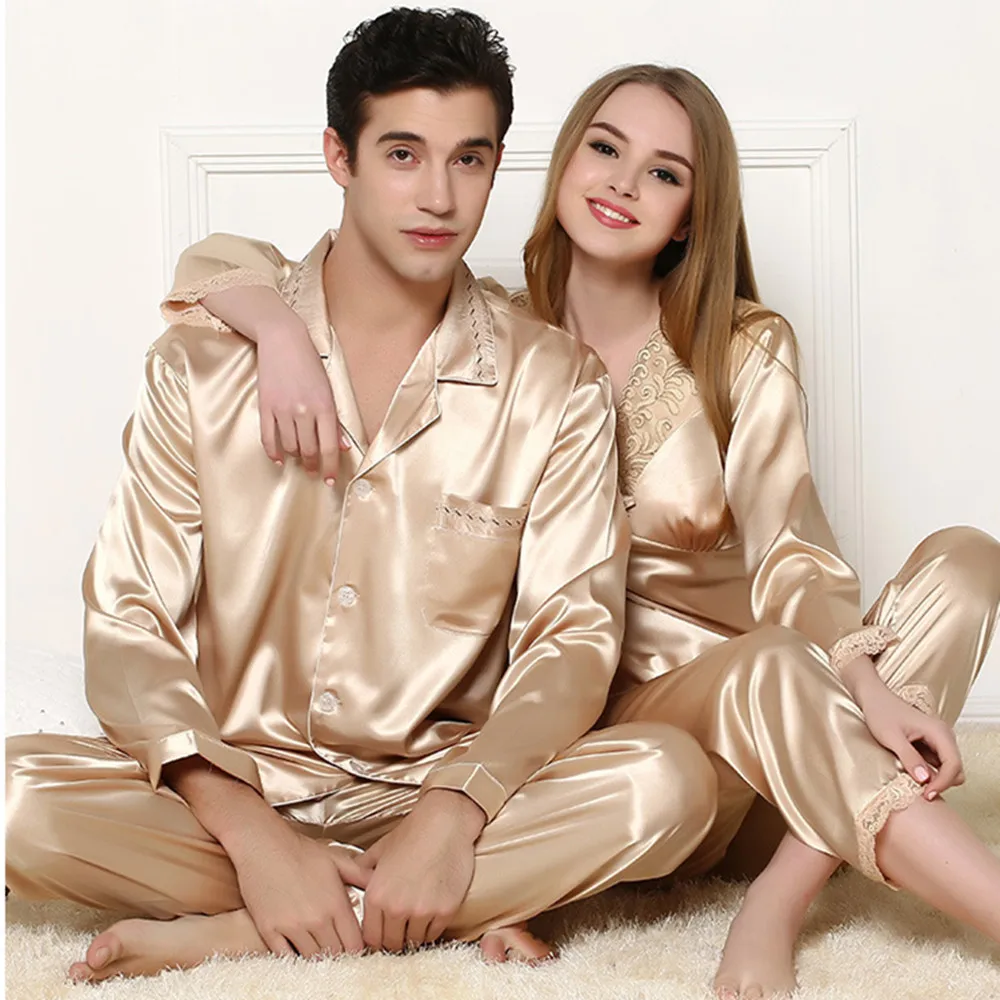 

European Style Couple Silk Pajamas Spring Autumn Ladies Long Sleeve Pajamas Plus Size Pyjamas Pijama Set Women's Tracksuits Q265