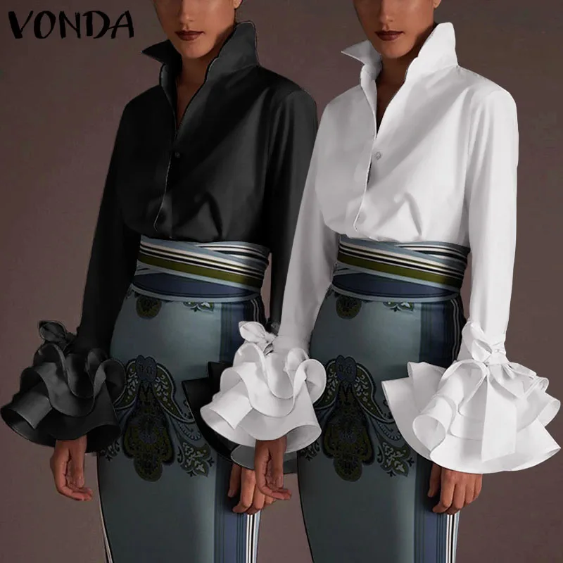 Женская офисная блузка VONDA элегантная однотонная с отложным воротником и длинным