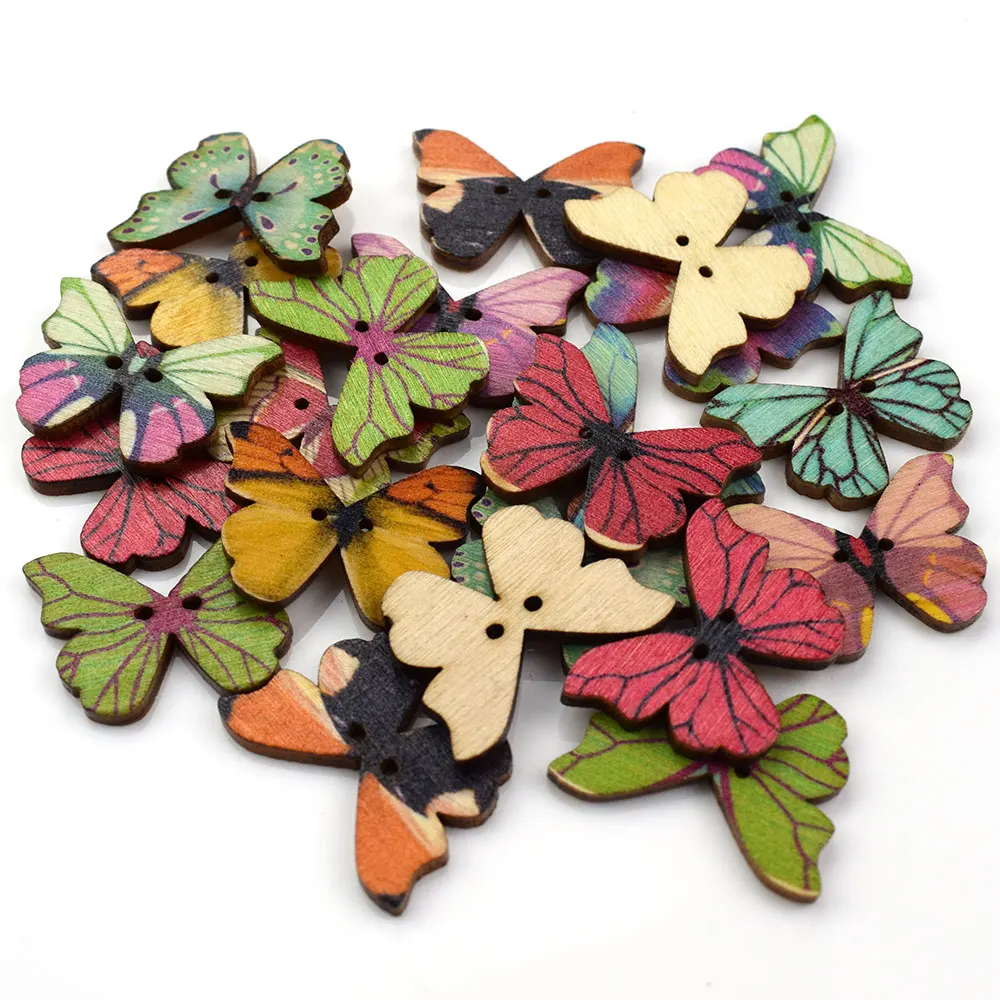 Деревянные разноцветные пуговицы в форме бабочки с 2 отверстиями для рукоделия
