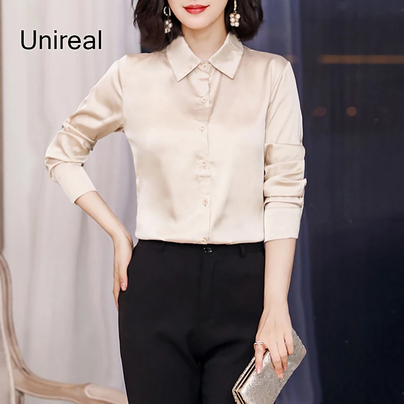 

Unireal 2021 Spring Women Satin Shirt Blouse Long Sleeve Elegant Lady Office Wear Silk Female Shirt