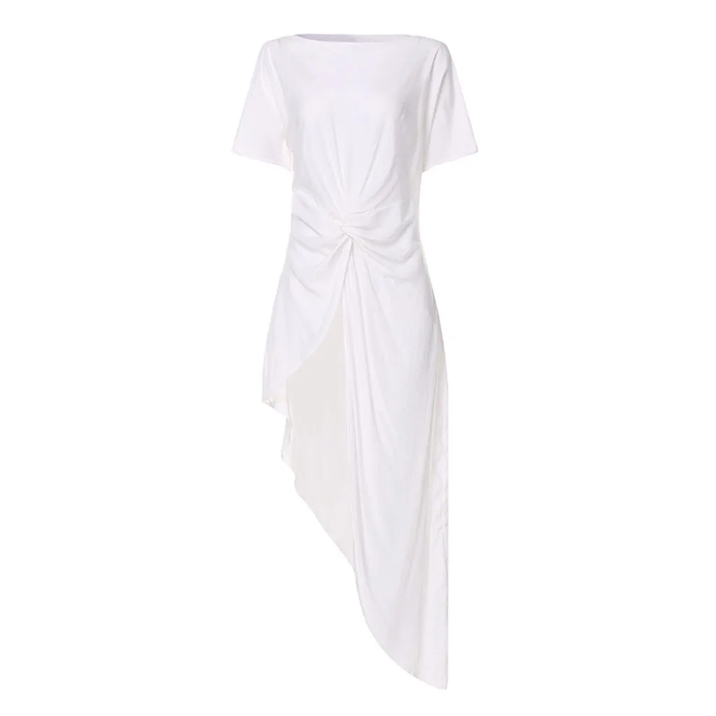 Fashion Pleated Knot Long Blouse Irregular Casual Summer Ladies Solid O-Neck Tunic Tops Female Women Short Sleeve Shirt Blusas | Женская