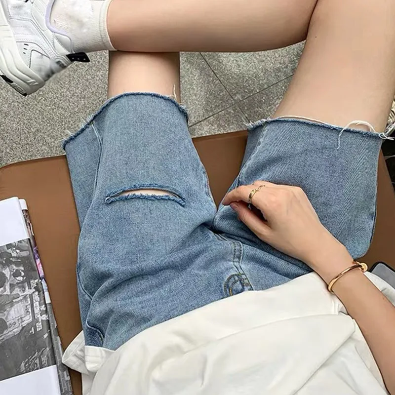 

Street Wear High Waist Wide Leg Denim Shorts Women With Hole 2021 New Jean Shorts Women Summer Korean Style Women Bermuda Shorts