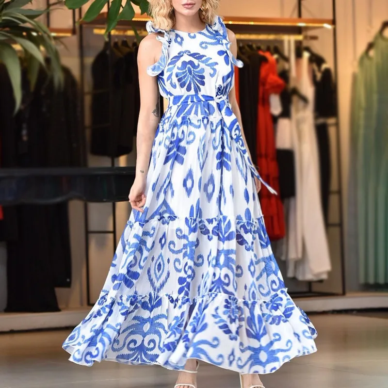 

Women Sleeveless Long Summer Dress Maxi Ruffles Floral Print High Waist Sashes Casual Holiday Dress