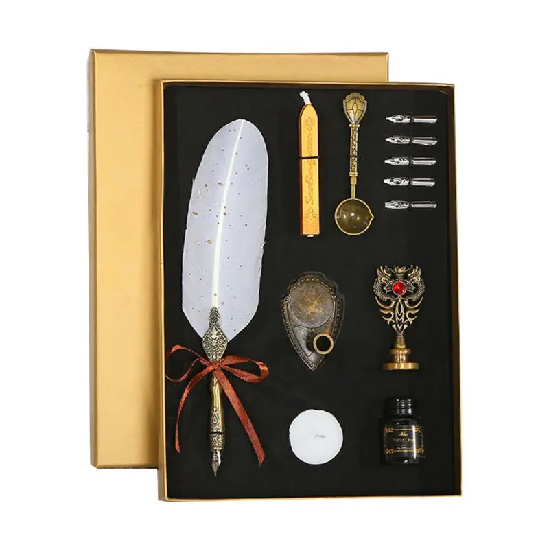 Золотыми класса люкс Винтаж перо Dip перьевая ручка чернила для письма 5