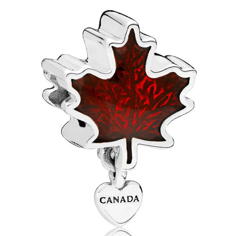 

Original 925 Sterling Silver Charm Red Enamel Maple Leaf With Canade Love Heart Pendant Bead Fit Popular Bracelet DIY Jewelry
