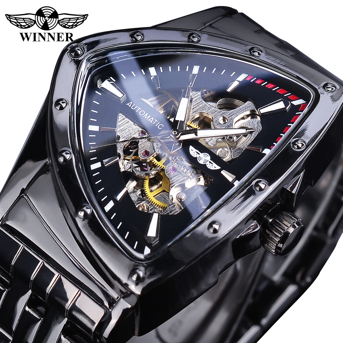 WINNER Black Automatic Watch Men Irregular Skeleton Military Wristwatch Triangle Mechanical Watches Stainless Steel Relogio