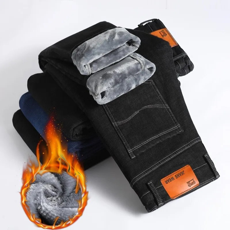 Джинсы мужские облегающие теплые брюки из денима стрейч на флисе деловой стиль