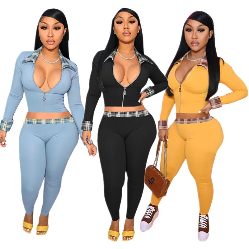 

Women Two Piece Set Patchwork Long Sleeve V-neck Crop Tops+Pants Suits Autumn Casual Tracksuit Outfits