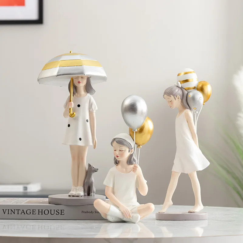 

Balloon Girl Resin Statues Sculptures Home Decoration People Model Living Room Accessories Family Figurines Desk Art Ornaments