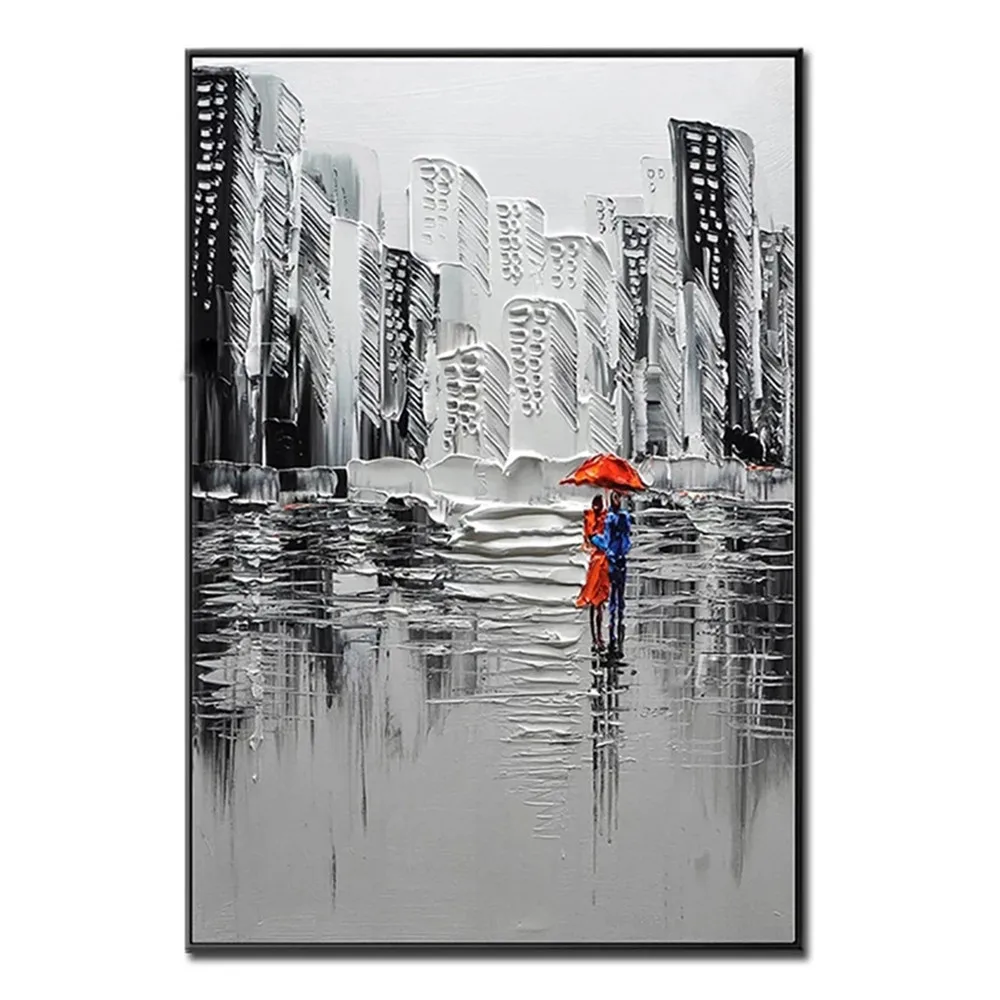 Large City Street Pedestrian On Art Hand Painted Oil Painting On Canvas Modern Orange Home Wall Decor