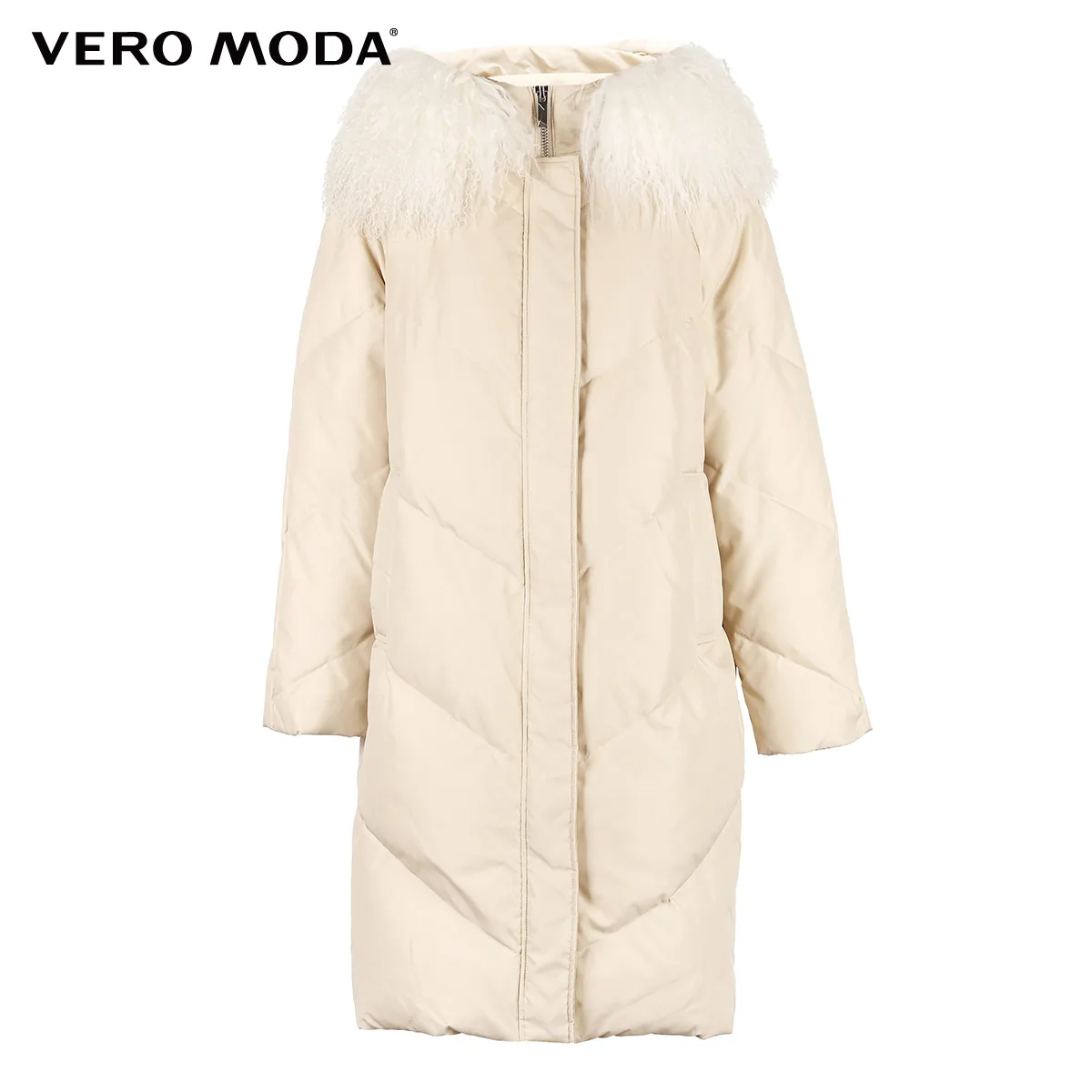 Vero Moda Женская 90% белая куртка-пуховик на утином пуху с воротником из овечьего меха с капюшоном | 318412556