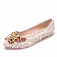 women flats big size fashion pointed toe shoes shallow pearl slip on loafers rhinestone bow ladies wedding shoes flat heel white