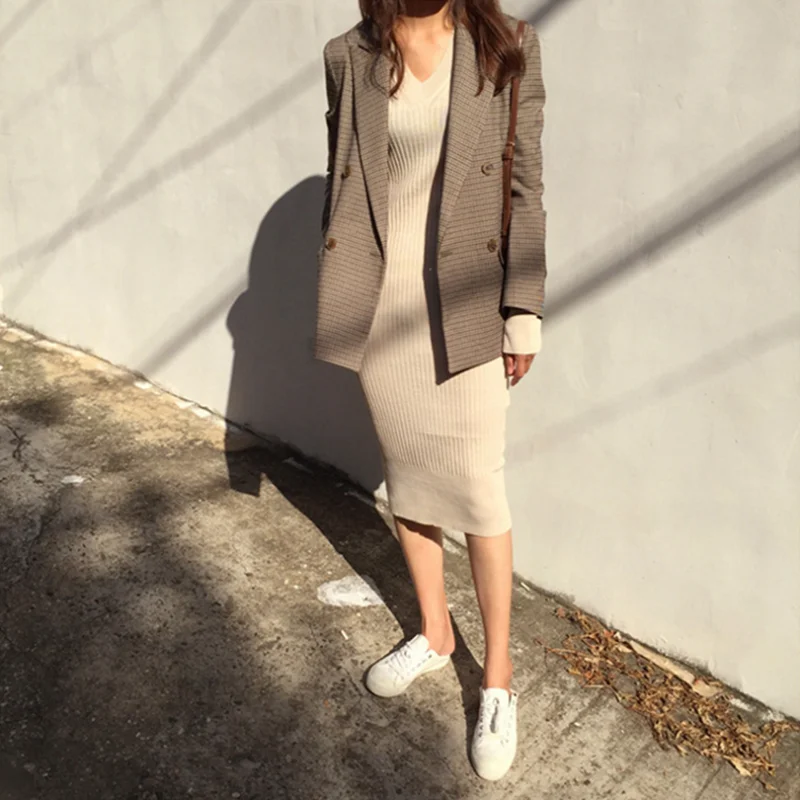 TITAME Для женщин Винтаж куртка двубортный Женские офисные клетчатый блейзер с