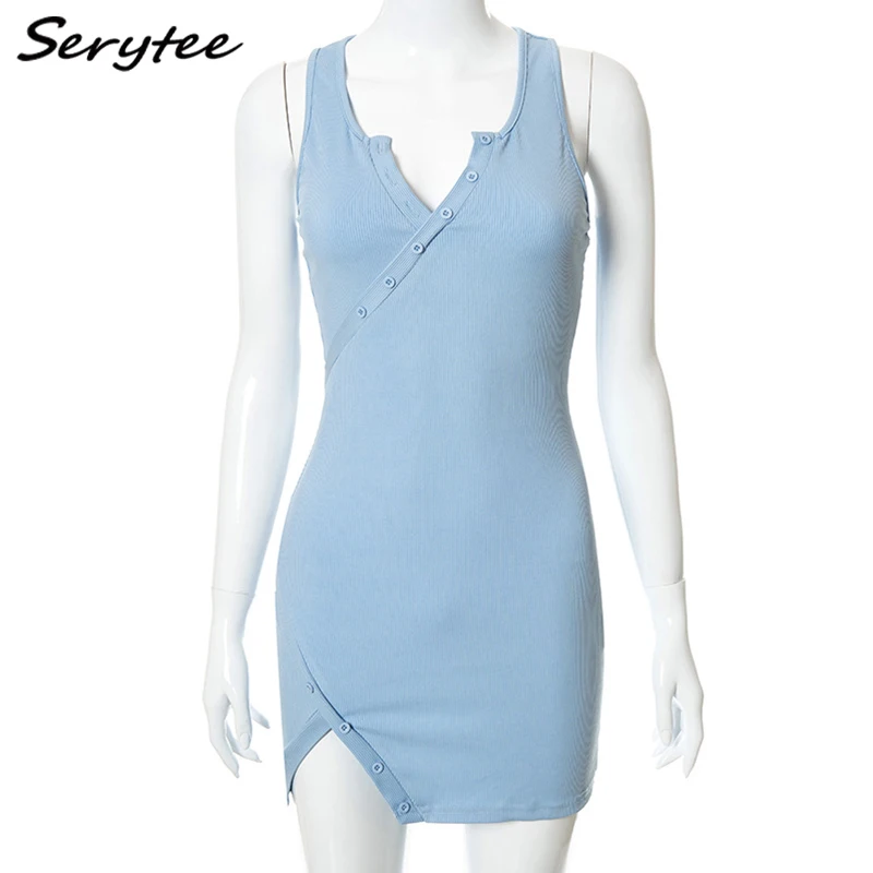 

Serytee Buttons V Neck Rib Knit Bodycon Mini Dress For Women 2021 Summer Sleeveless Split Bandage Sundress Beach Holiday Dress