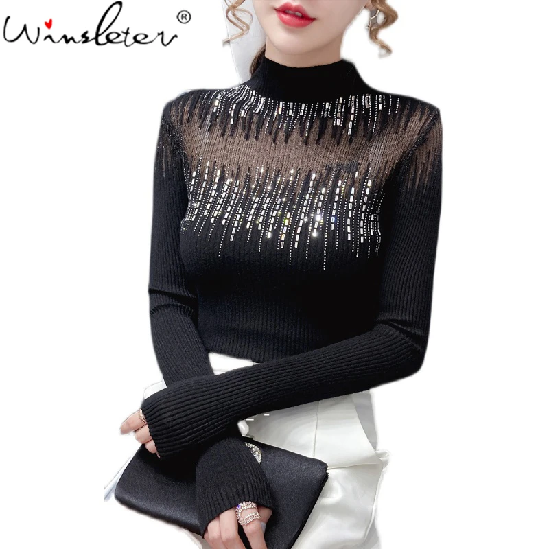 

Fall Winter Women Clothing Sweater Women Mesh Patchwork Transparent Diamonds Turtleneck Knitwear Jumper Bottoming Tops T10803A