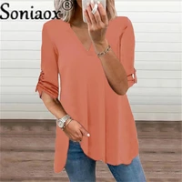 2021 fashion new women casual loose shirt elegant solid color ladies blouse v neck long sleeve female chiffon pullover tops