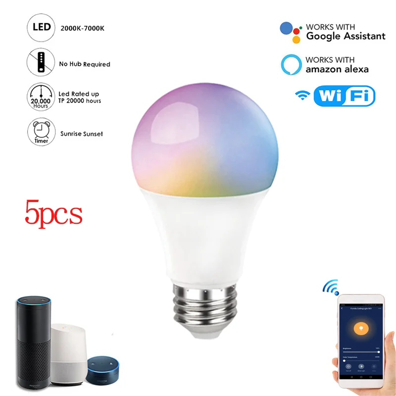

5 шт. E27 светодиодные лампы WiFi умный светильник 9 Вт Led RGB светильник с регулируемой яркостью Светодиодная лампа для Alexa/Google Home Красочные Измен...