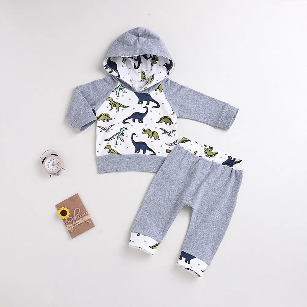 Baby Boys 2019 New Spring Autumn Clothing Set Casual Cartoon Dinosaur Hooded Tops Newborn Pullover Pants Outfits 0-3Y | Детская одежда