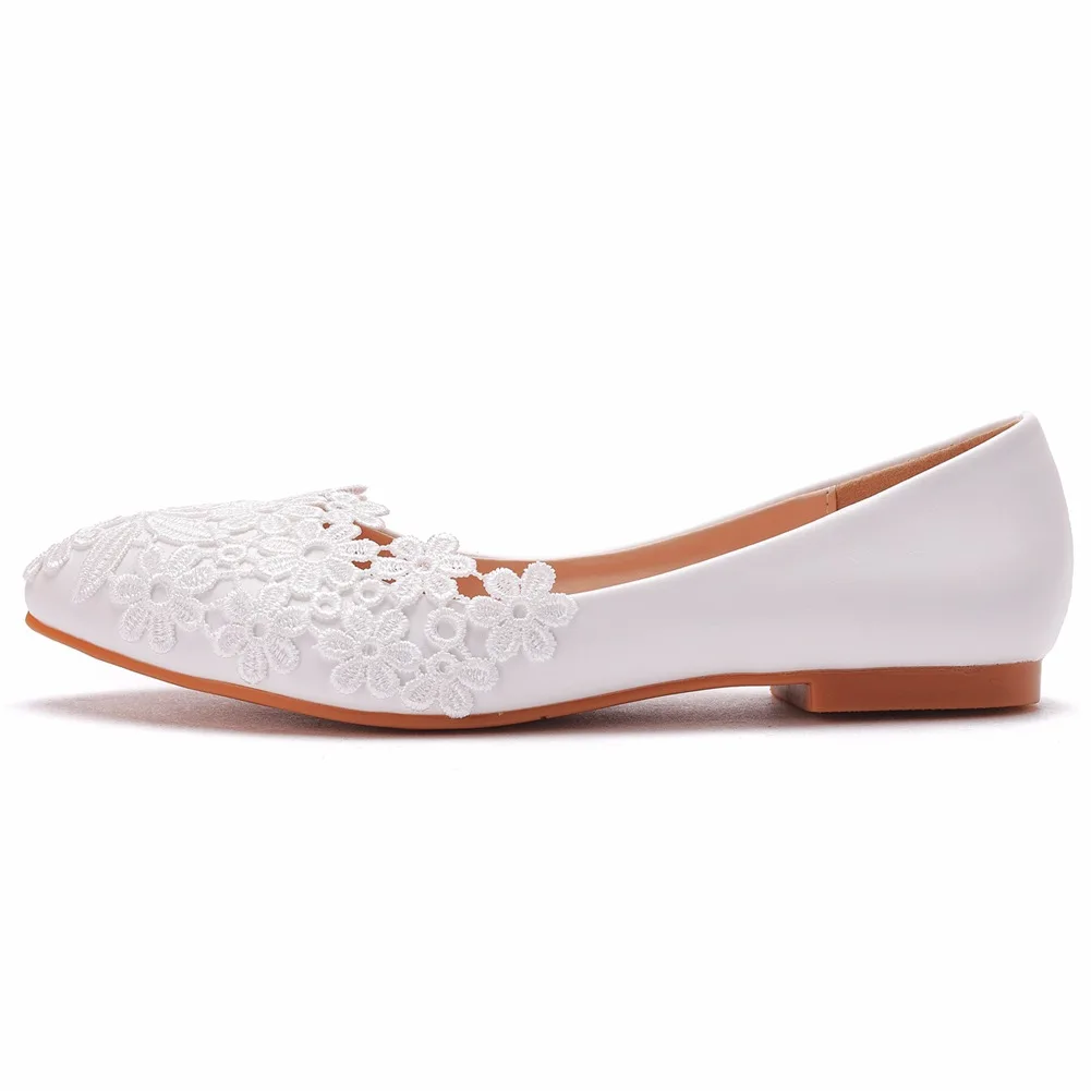 New Flat Lace Wedding Shoes Large Size 43 White Pointed Toe Casual Flat Shoes  Lace Casual Women's Shoes Low Heel Princess Flats