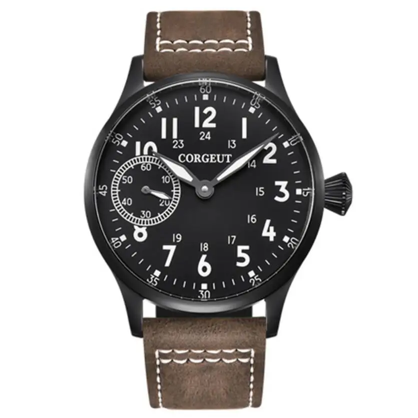 

Corgeut 44mm top Mens fashion mechanical watch Black Dial Black Stainless case leather strap 6497 hand winding Luminous watch