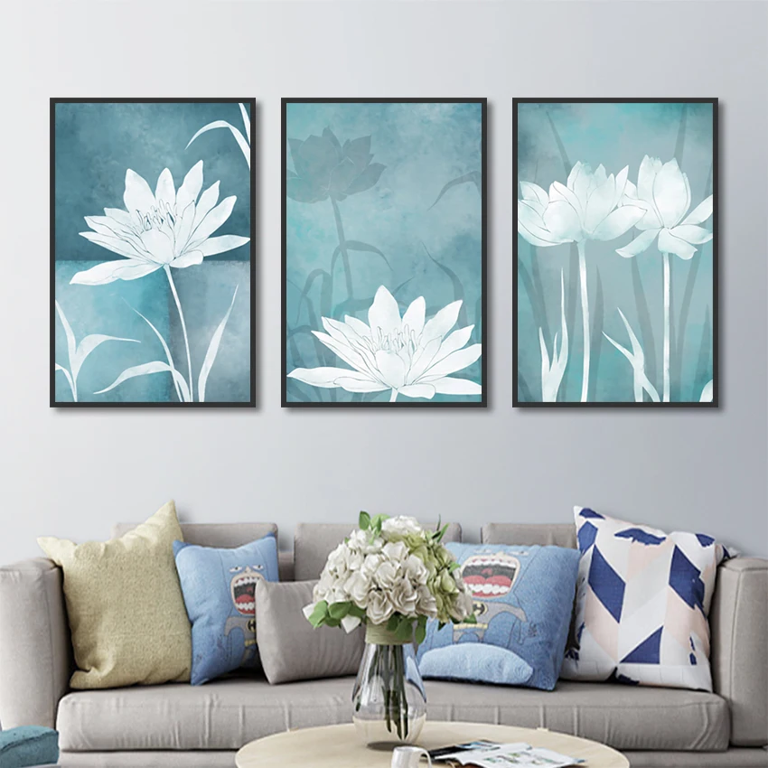 

White Lotus Blue Background Canvas Painting Modern Minimalist Wall Art Print Picture For Living Room Bedroom Home Decor Poster