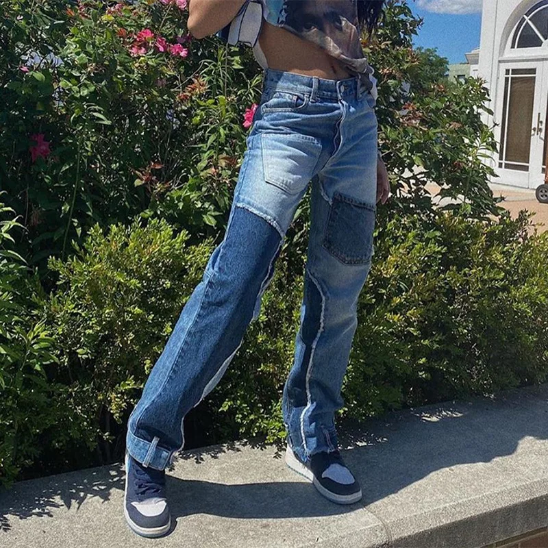 

Autumn 2020 European American Featured Stitching Pockets High Waist Slim Casual Jeansstraight Pants Trousers for Women