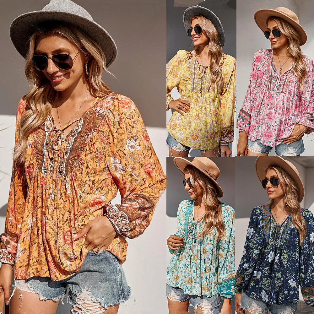 

Women's Autumn 2021 Fashion Tethered Romantic Holiday Print Blouse Women Loose V Neck Long-Sleeved Shirt Top Femme Blusas Mujer