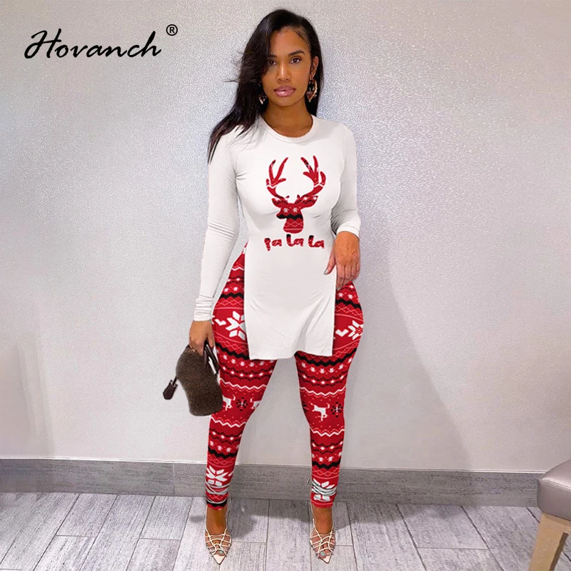 

Hovanch Women's Christmas Printed Long Sleeve Split Slim Top + Tight Pencil Pants Two Piece Set 2021 Winter Fashion Casual Party