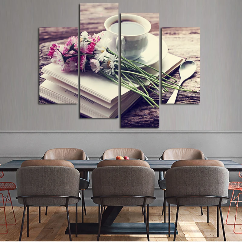 

Free shipping 4 piece Frower Coffee Tea Modern Canvas Print Painting Wall Art Picture Decor For Kitchen Room Unframed F18866