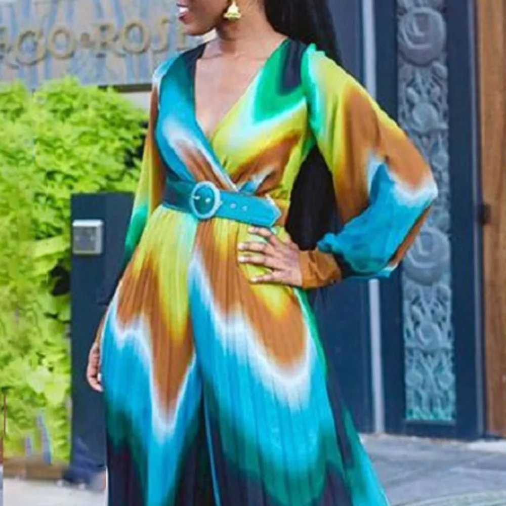 

African Fashion Jumpsuit Summer 2021 Printing Color Contrast High Waist V-neck Long Sleeve Pleated Loose Oversize