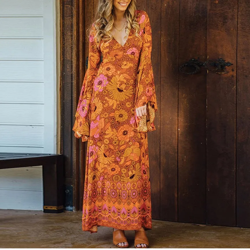 Элегантное женское платье винтажное макси с v образным вырезом длинные платья