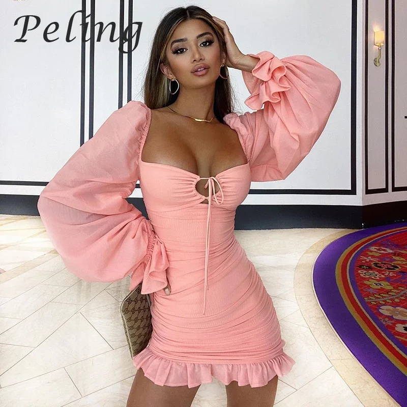 

Peling Autumn Women Ruffles Dress 2021 Long Puff Sleeves Chiffon Ruched Dress Lace Up Short Mini Night Club Vestidos Female Robe